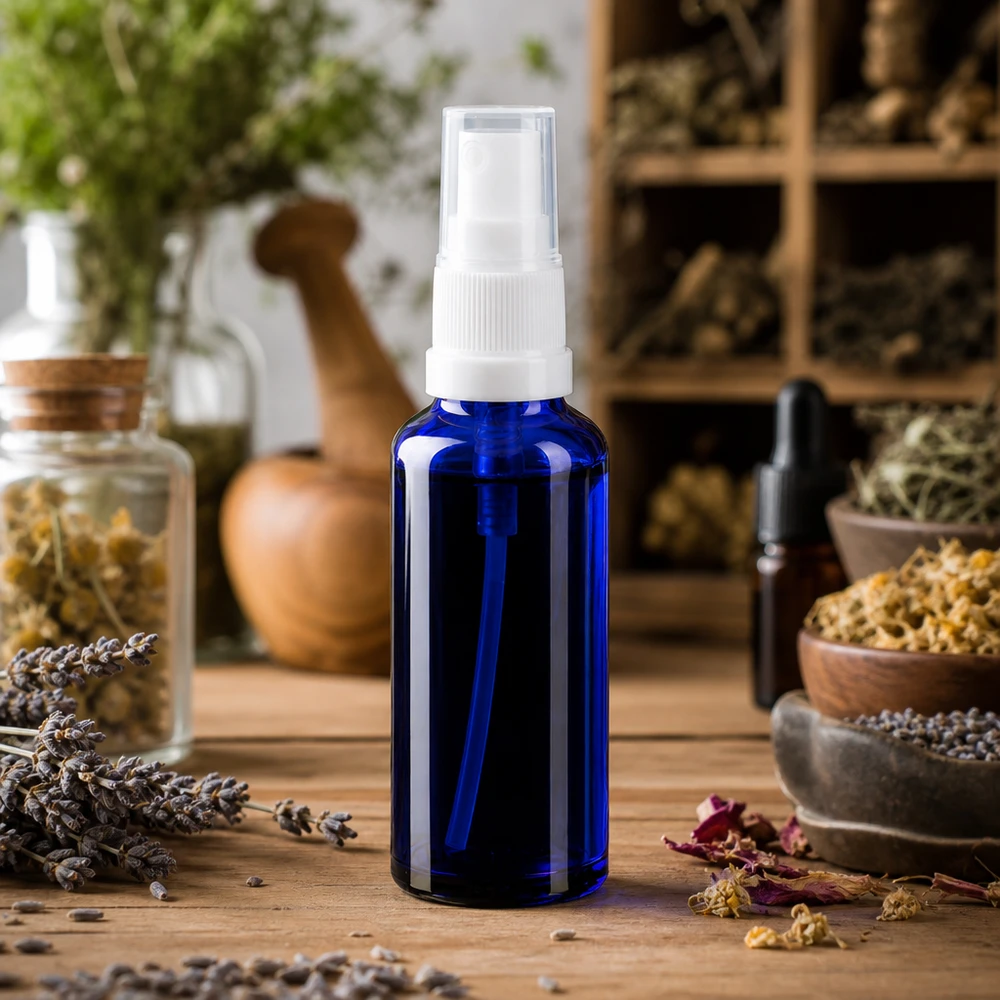Blauwe glazen flessen 10ml met zwart pompverstuiver Donkerblauwe glazen spuitfles van 10 ml voor etherische oliën en natuurlijke cosmetica, versierd met kruiden