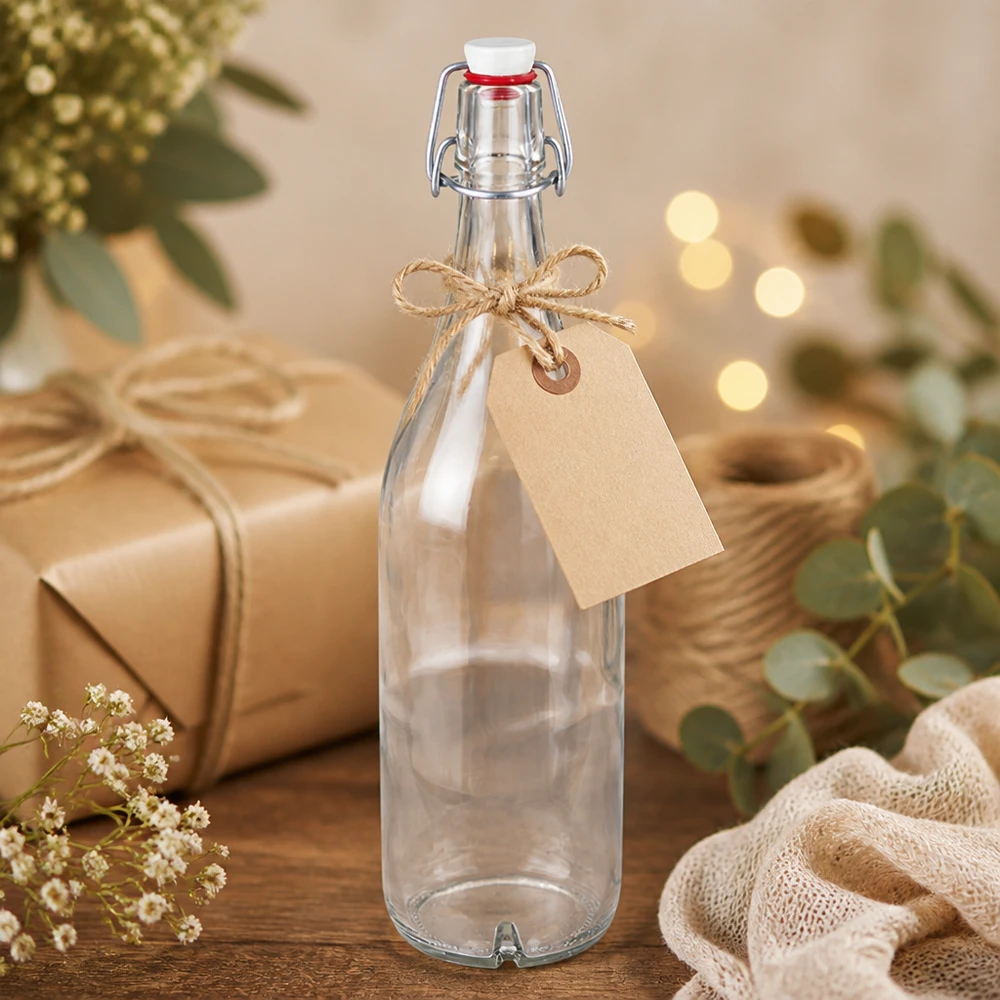 1000ml glazen fles met swing top porselein als cadeau met hanger en natuurlijke decoratie arrangement