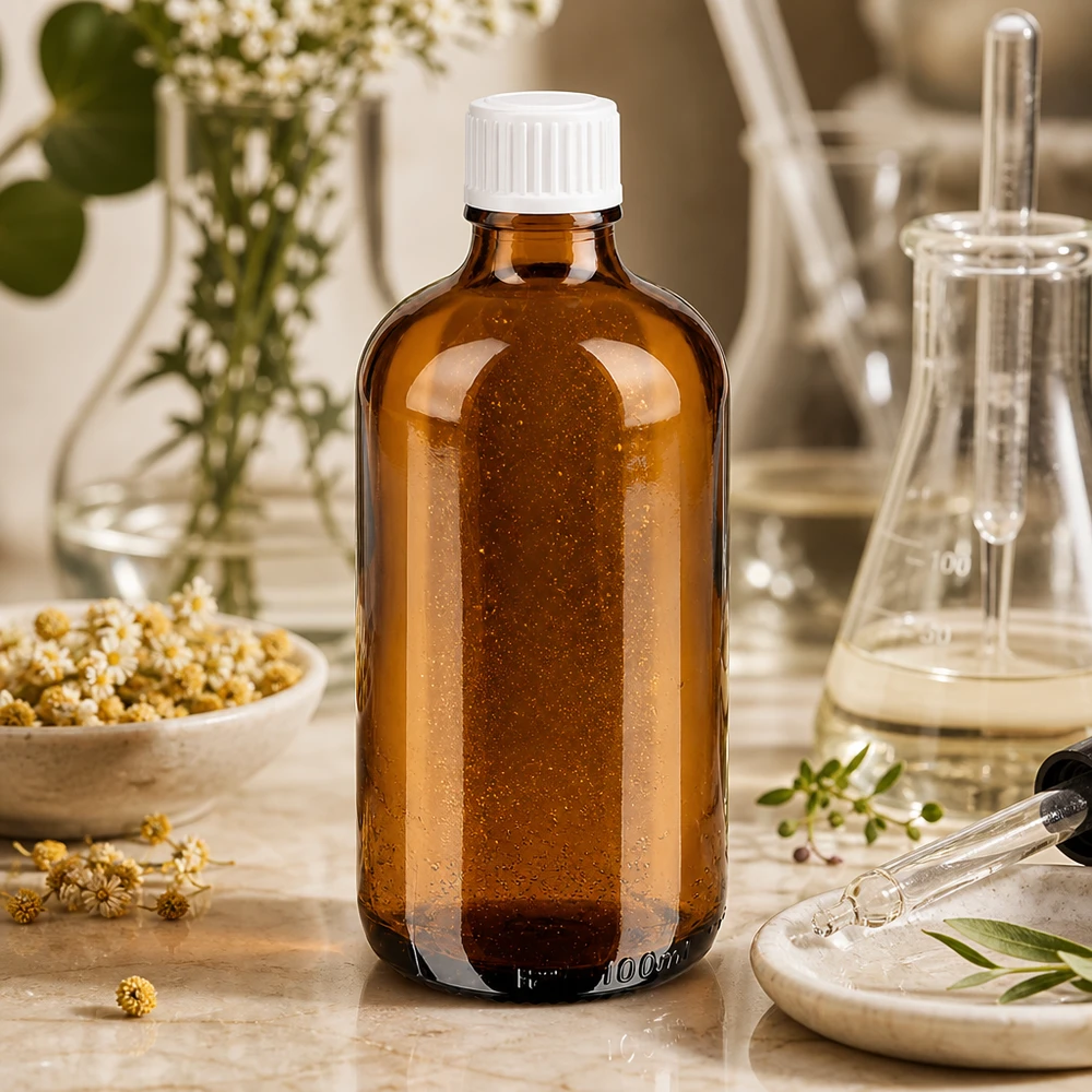 Kleine bruine glazen fles van 100 ml met kindveilige witte dop op een marmeren achtergrond