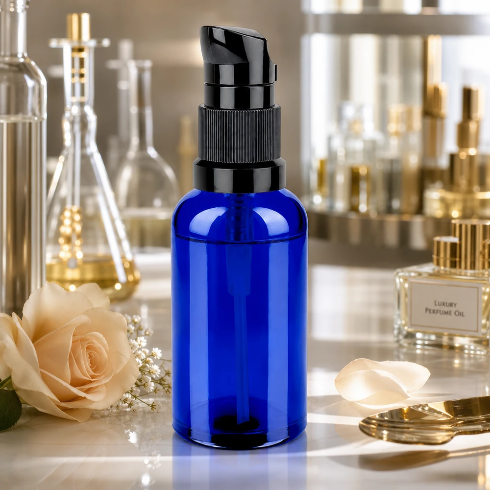 Stijlvolle blauwe 50ml dispenserfles met zwart pompsysteem STD BlueLine UT18/50