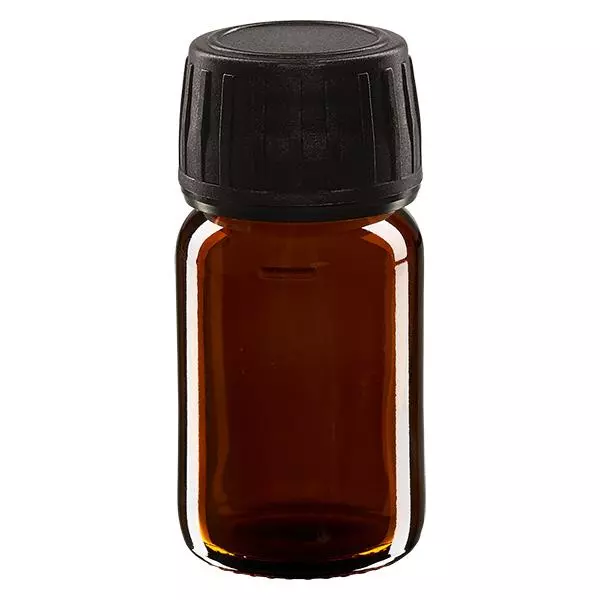 30ml Euro-medicijnfles bruin met zwarte schroefsluiting VR 30ml Euro-medicijnfles bruin met zwarte schroefsluiting VR