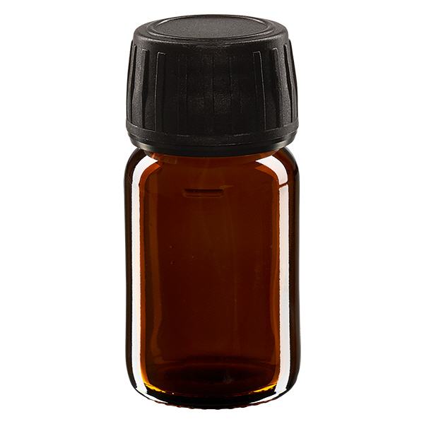30ml Euro-medicijnfles bruin met zwarte schroefsluiting VR 30ml Euro-medicijnfles bruin met zwarte schroefsluiting VR