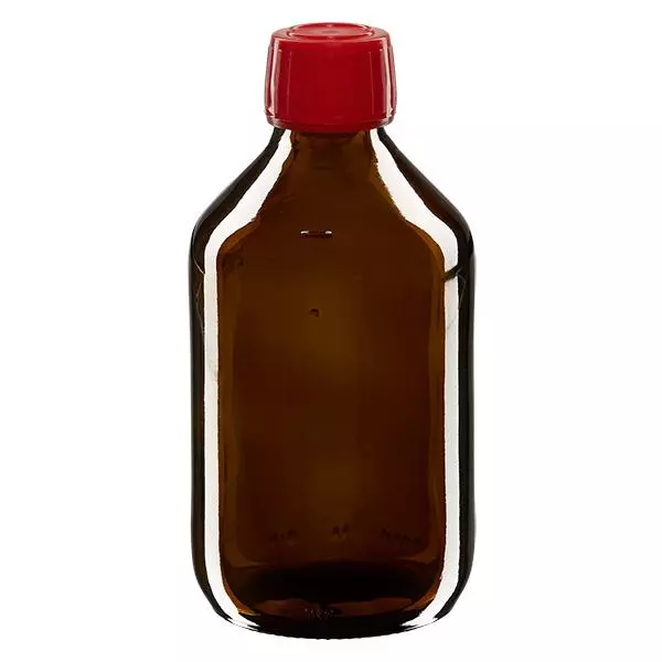 250ml Euro-medicijnfles bruin met rode schroefsluiting VR 250ml Euro-medicijnfles bruin met rode schroefsluiting VR