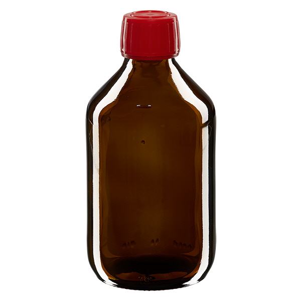250ml Euro-medicijnfles bruin met rode schroefsluiting VR 250ml Euro-medicijnfles bruin met rode schroefsluiting VR