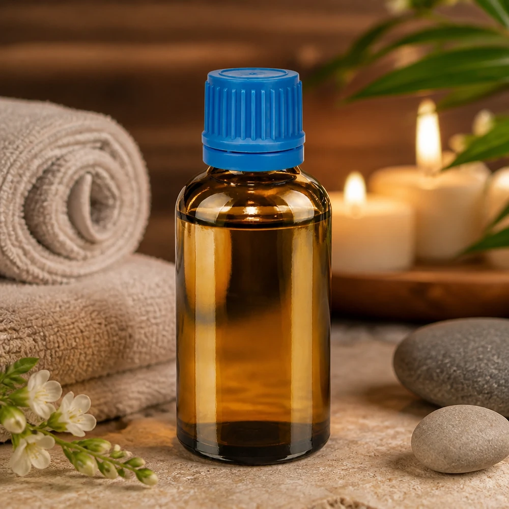 50 ml getint glazen bewaarflesje met ergonomische blauwe dop voor dagelijks gebruik