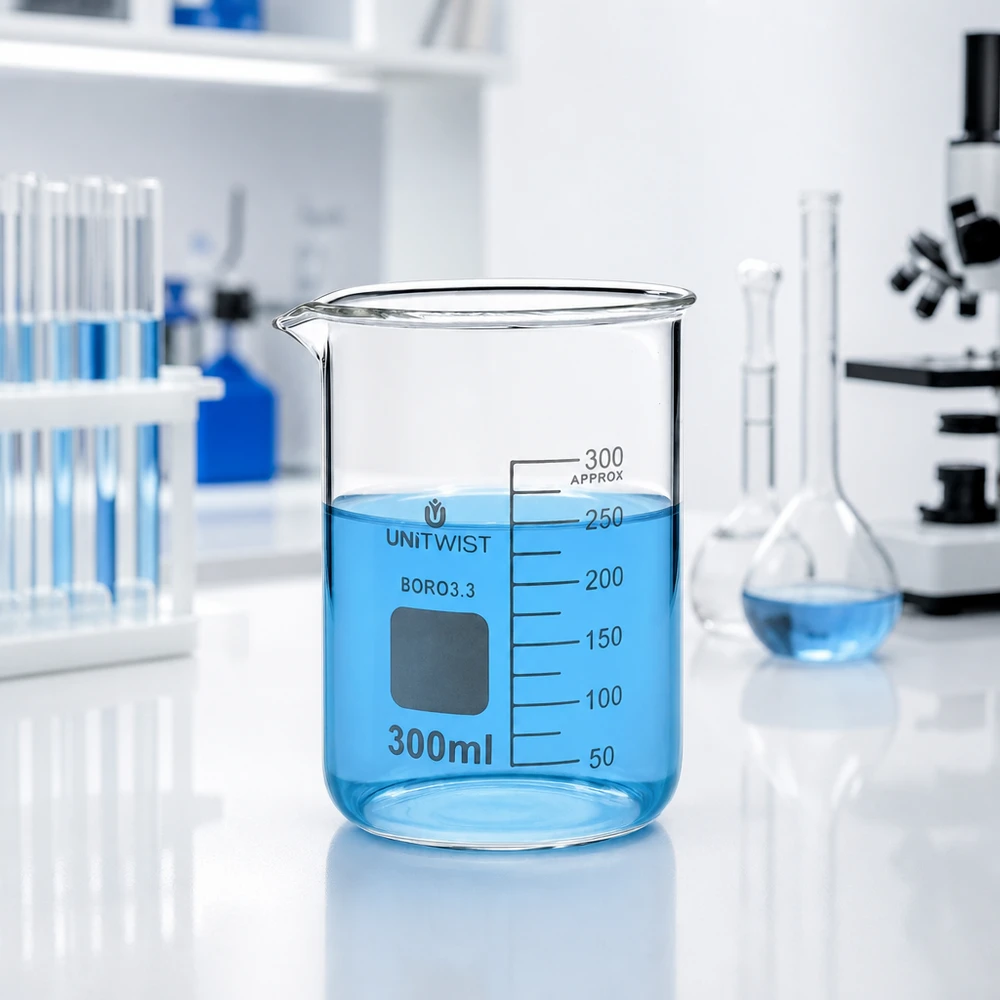 Beker 300ml borosilicaat, lage vorm UNiTWIST Hittebestendige bekerglas van 300 ml, laag model, met zichtbare maatschaal, voor gebruik in een laboratoriumomgeving
