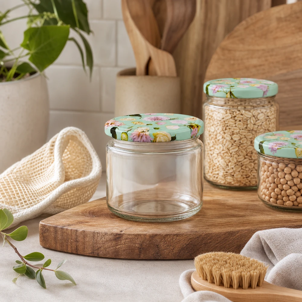 Ronde pot van 330 ml + deksel BasicSeal bloem mint UNiTWIST 330ml ronde pot met BasicSeal deksel bloem munt leeg op houten plank naast peulvruchten en keukengerei
