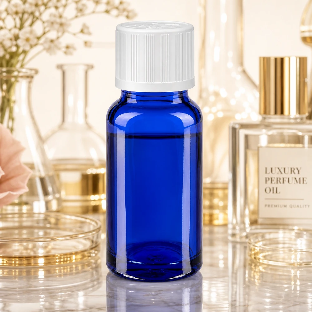 Blauwe flesje van 10 ml met standaarddop (wit, 11 mm) voor geuroliën en cosmetische toepassingen