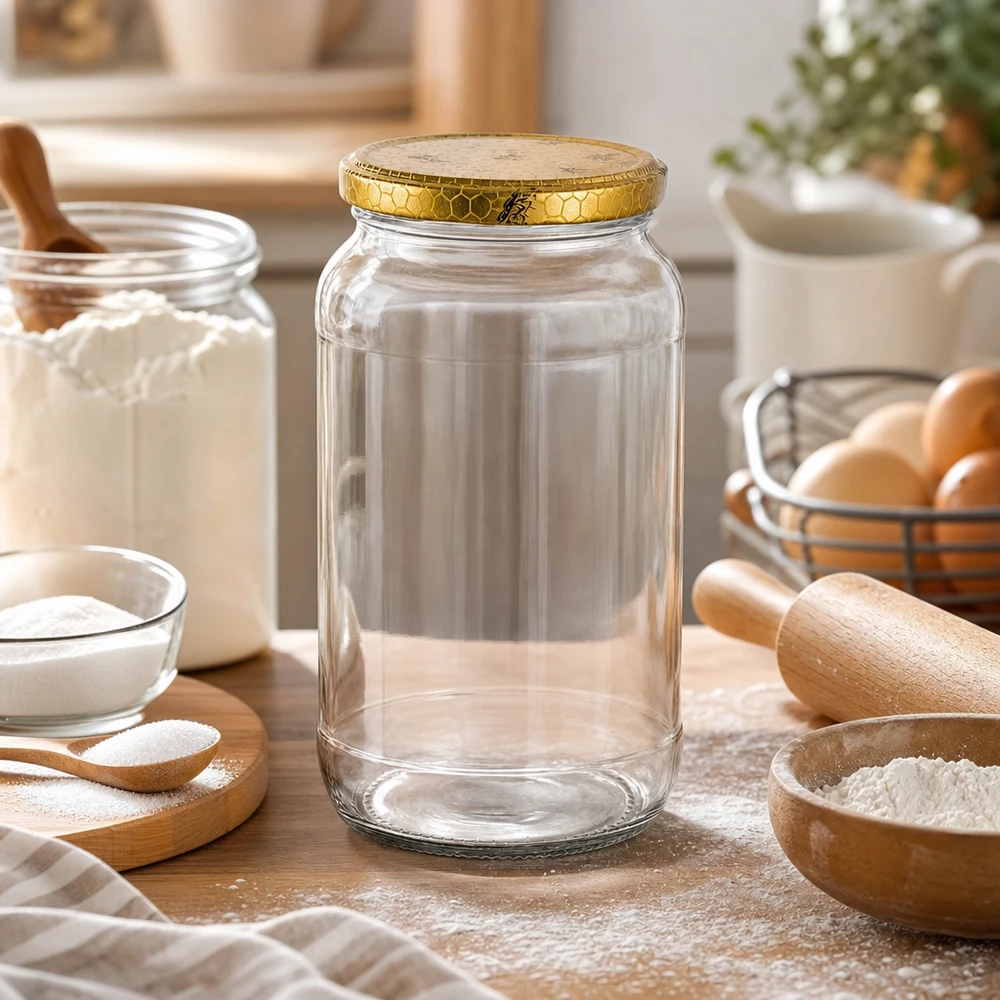1062ml ronde glazen pot leeg in keuken scène met baking ingrediënten bloem eieren deegroller gouden honingraat deksel opslag pot