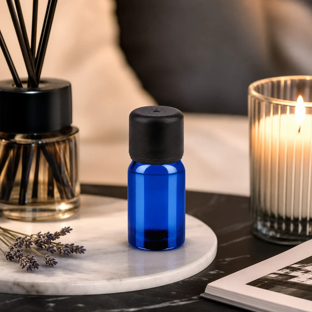 5ml flacon 6mm SV zwart STD BlueLine UT18/5 Donkerblauw glazen potje van 5 ml met zwarte schroefdop voor veilig bewaren