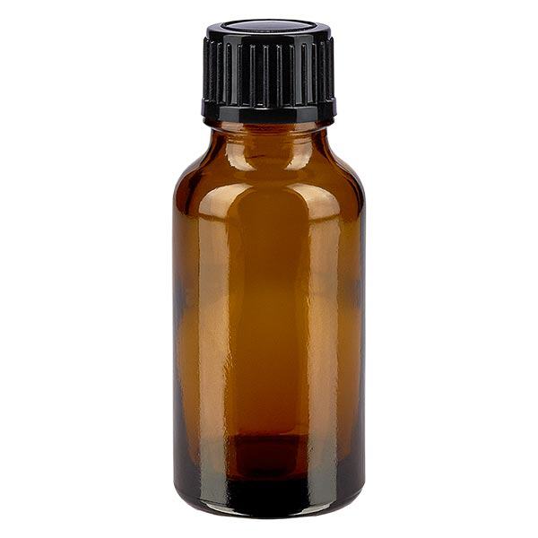 Bruine glazen fles 20ml met zwart druppelsluiting 1mm St Bruine glazen fles 20ml met zwart druppelsluiting 1mm St