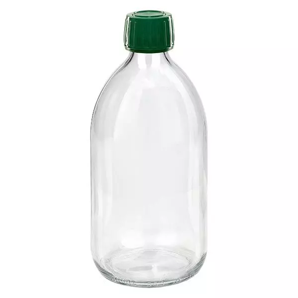 500ml Euro-medicijnfles helder met groene schroefsluiting VR 500ml Euro-medicijnfles helder met groene schroefsluiting VR
