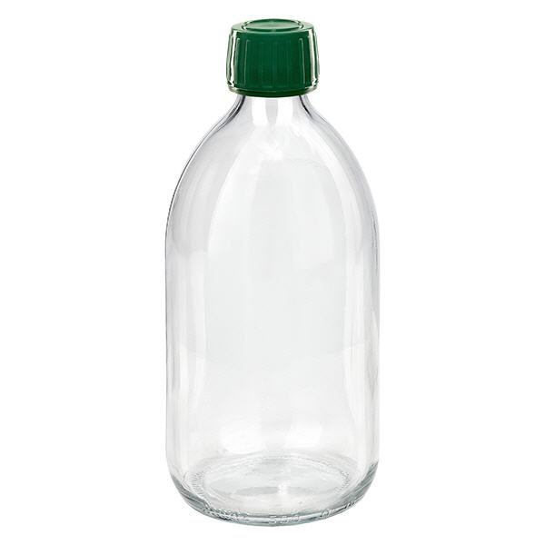 500ml Euro-medicijnfles helder met groene schroefsluiting VR 500ml Euro-medicijnfles helder met groene schroefsluiting VR