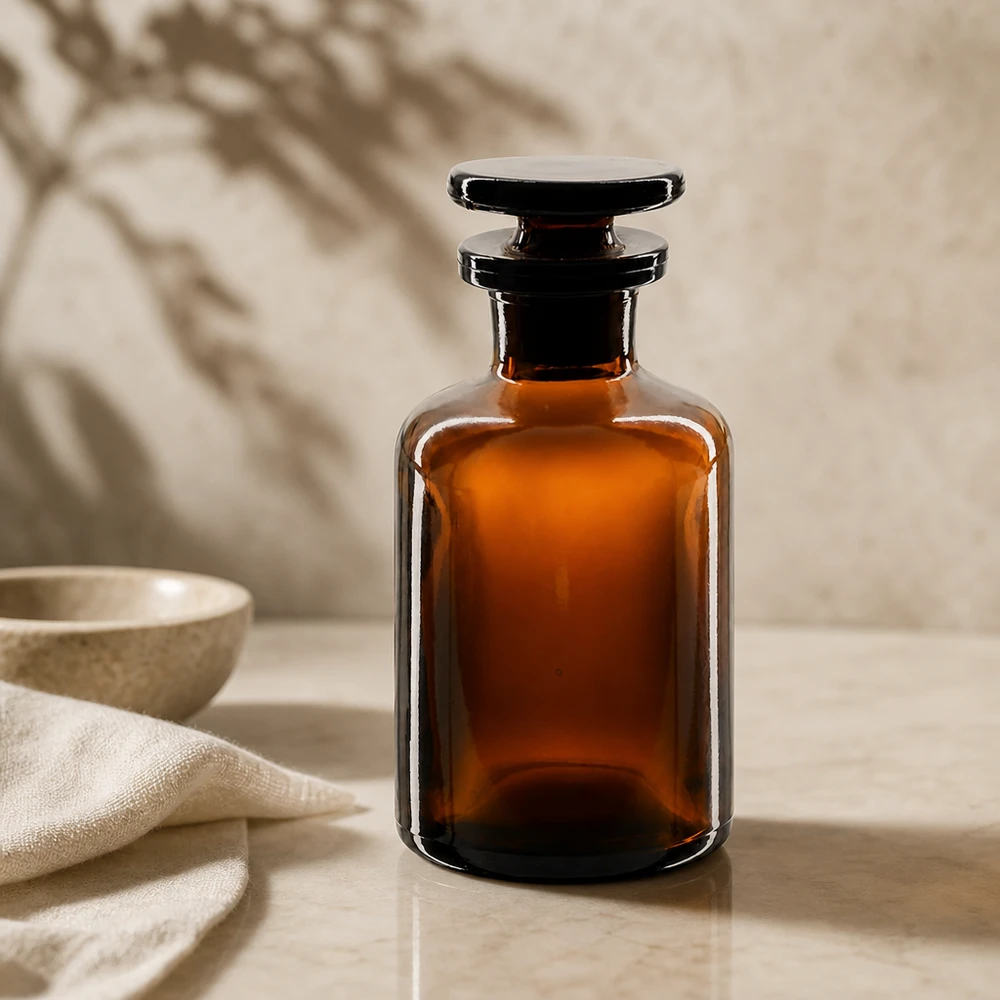 Lichtbestendige fles van 50 ml met ronde schouders en smalle hals, voorzien van een glazen stop, voor parfum en essences
