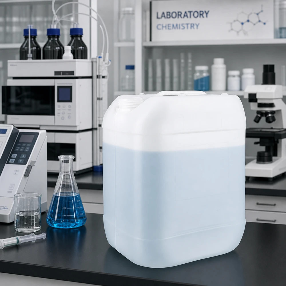 Stevige opslagkanister van 20 liter, geschikt voor levensmiddelen, zonder sluiting, naast laboratoriumapparatuur