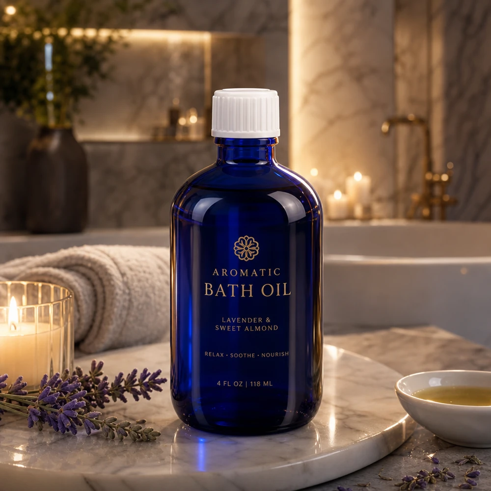 Blauwe glazen flessen 100ml met wit schroefsluiting globuli uitgietring St Donkerblauw UV-beschermend glas van 100 ml met kindveilige witte dop voor bad- en lichaamsoliën