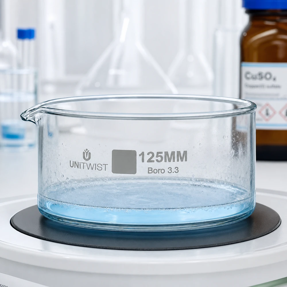 Kristalliseer schaal ø125mm borosilicaatglas UNiTWIST Lage, cilindrische glazen schaal UNiTWIST 125 mm met een turquoise kopersulfaatoplossing in een laboratoriumomgeving