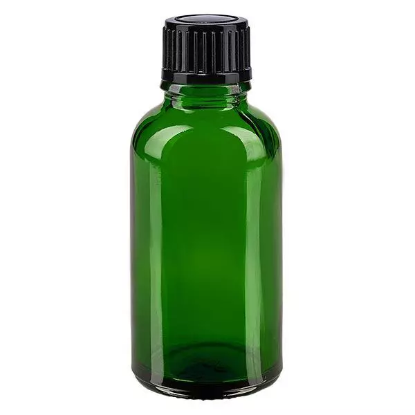 Groenen glazen flessen 30ml met zwart schroefsluiting St Groenen glazen flessen 30ml met zwart schroefsluiting St