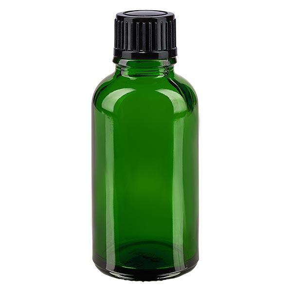 Groenen glazen flessen 30ml met zwart schroefsluiting St Groenen glazen flessen 30ml met zwart schroefsluiting St