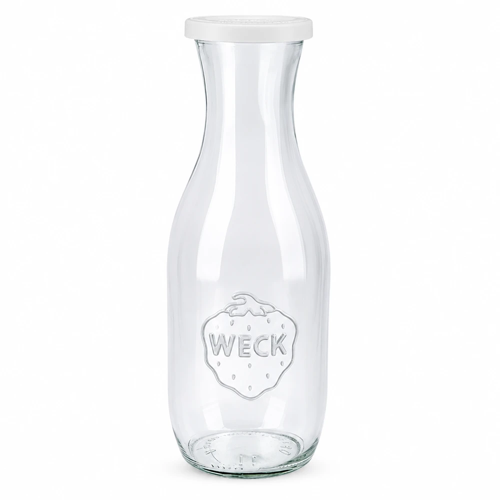 WECK sapfles 1062ml van glas met wit vershouddeksel en WECK logo voor sap en drankjes