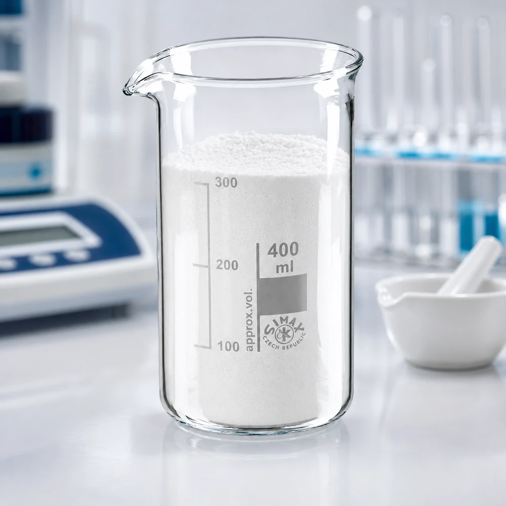 Wit poeder in een 400 ml hoge bekerglas van chemisch bestendig borosilicaatglas in het laboratorium