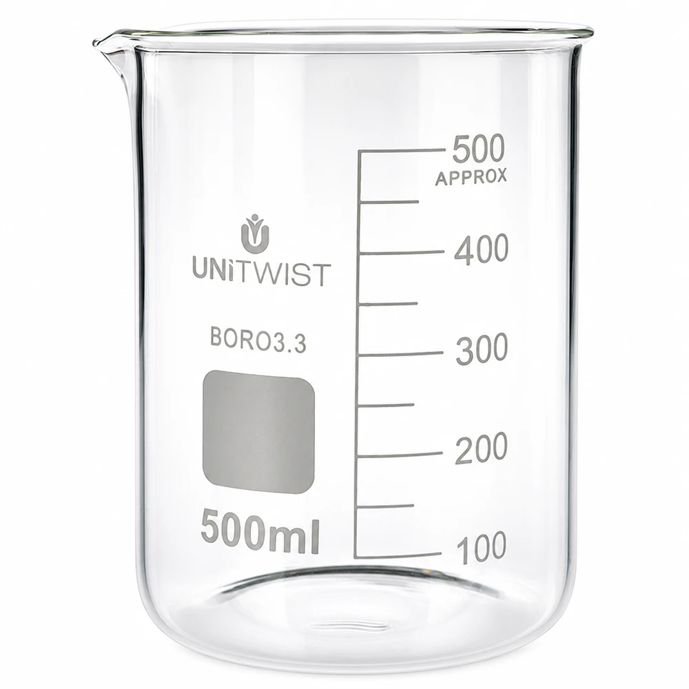 Chemiebeker van 500 ml, gemaakt van borosilicaatglas 3.3, laag model met ruimte voor opschriften