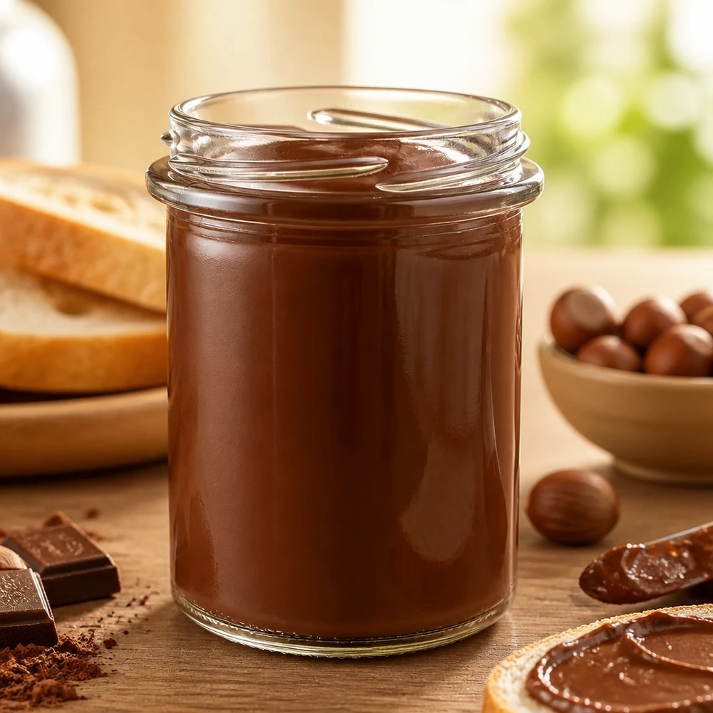 UNiTWIST Runda 214 - Rundglas Inhalt 214ml TO66 Klein rond glas TO66 van 214 ml, gevuld met glanzende chocolade-hazelnootcrème, op een houten tafel