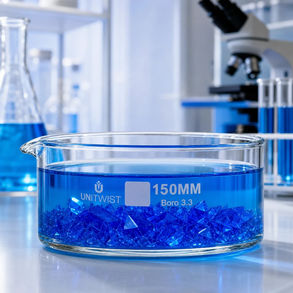 Kristalliseer schaal ø150mm borosilicaatglas UNiTWIST Vlakke kristallisatieschaal van borosilicaatglas UNiTWIST chemisch laboratoriummicroscoopachtergrond