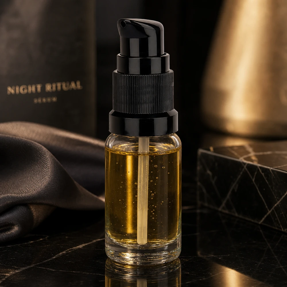 Doorzichtige pompfles van 10 ml met zwarte dop, gevuld met goudkleurig nachtserum