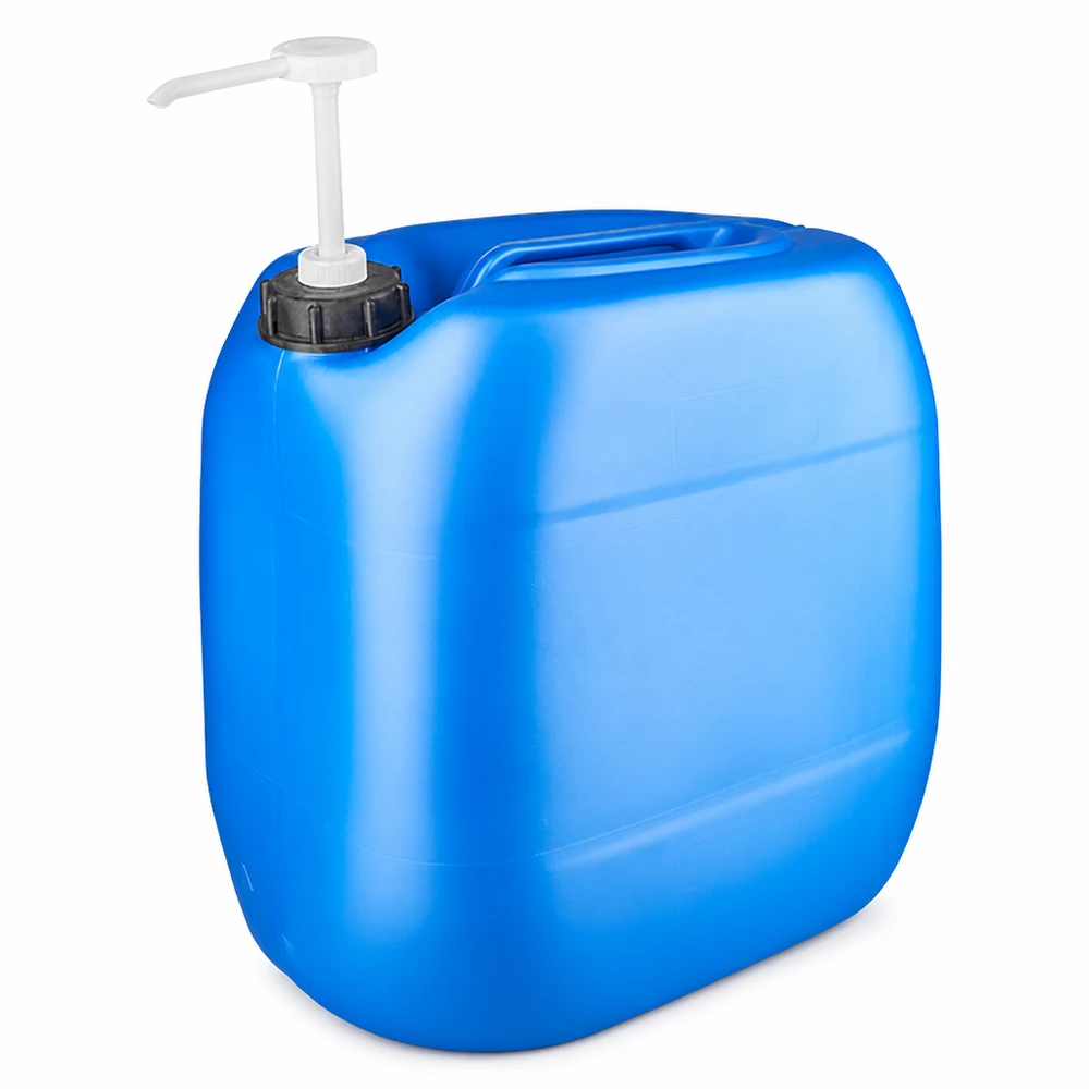Grote blauwe opslagkanister van 30 liter met draaggreep en een erop gemonteerde witte doseerpomp