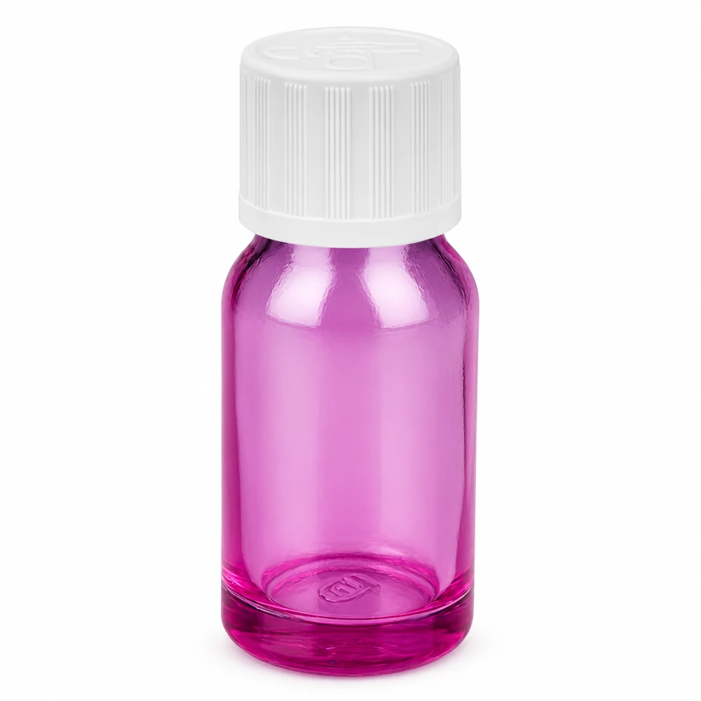 Compact glazen flesje van 10 ml in paars met praktische schroefdop voor onderweg