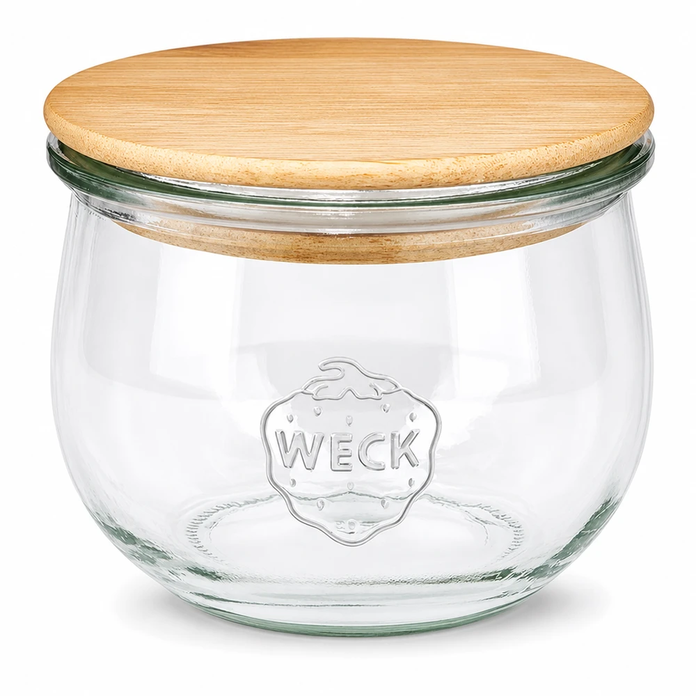 580ml tulpenglas WECK RR100 met hout deksel WECK tulp pot 580ml RR100 met naturel houten deksel - helder glazen voorraadpot met WECK logo