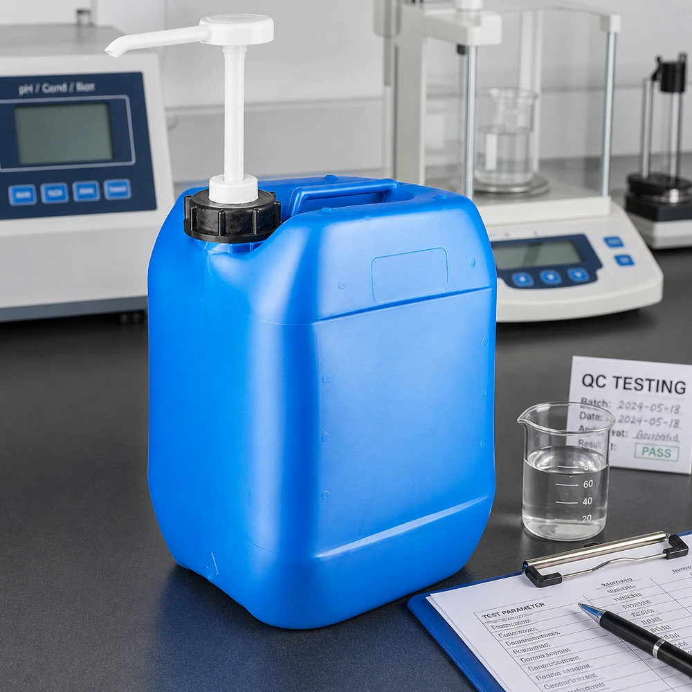 Canister 10 liter blauw met doseerpomp Stevige blauwe vloeistofcontainer van 10 liter met pomp voor nauwkeurige dosering in het laboratorium