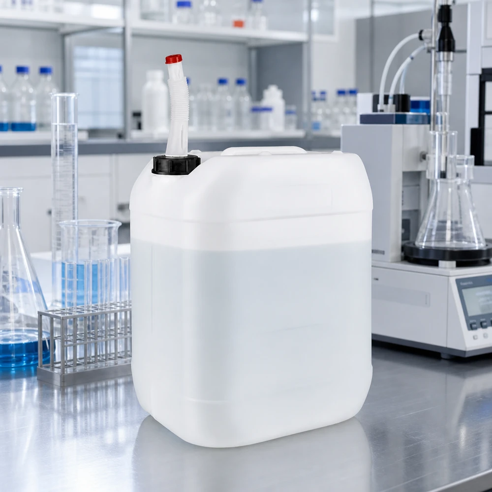 Stapelbare UN-kanister van 20 liter, wit, met buigzame schenktuit voor laboratoriumchemicaliën