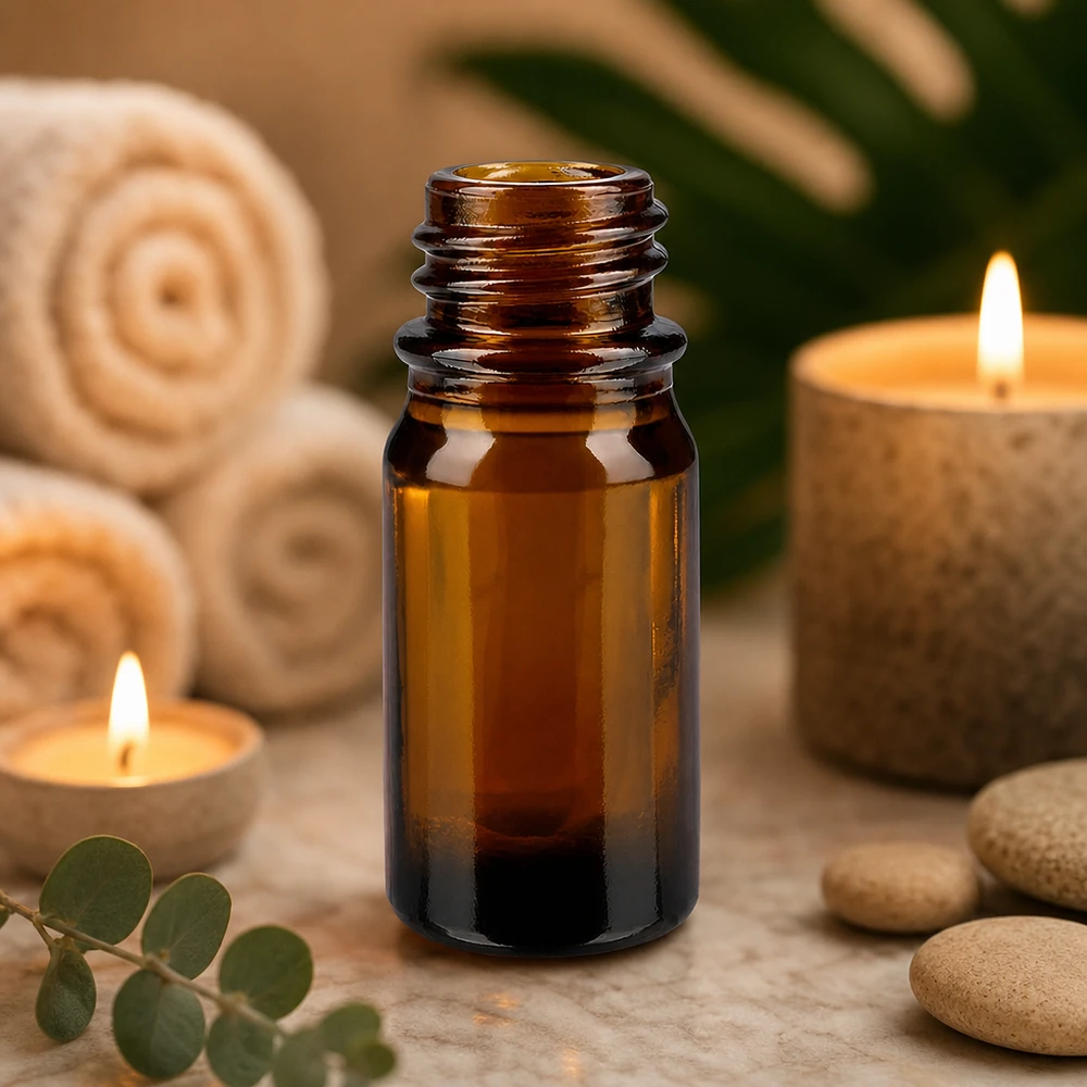 5ml bruin apothekersflesje ApoGlas met eucalyptussteentjes en brandende kaarsen voor ontspannende aromatherapie