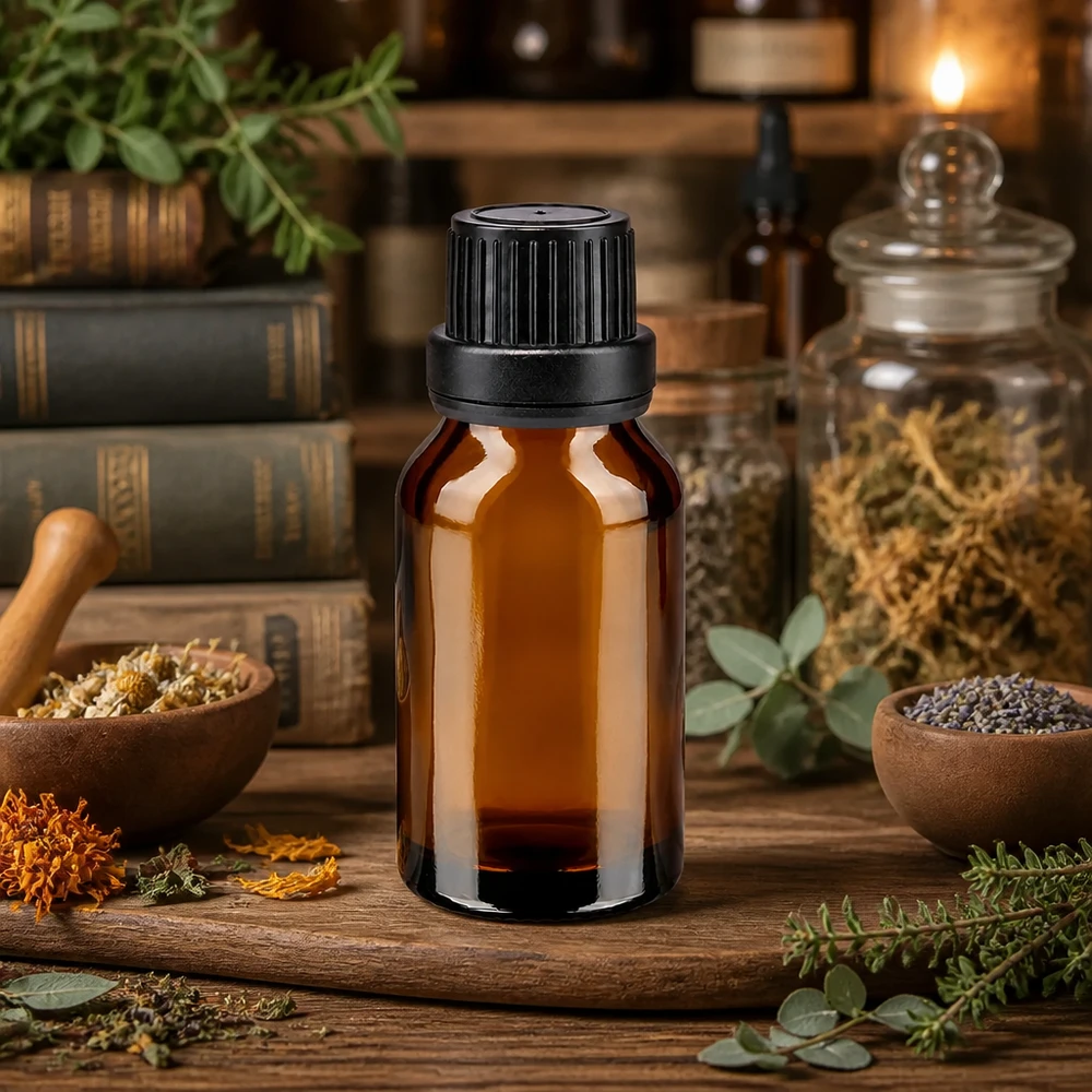 Bruine glazen fles 15ml met zwart schroefsluiting dicht. VR Compacte druppelfles van bruin glas van 15 ml met originele dop in een rustieke natuurgeneeskundige omgeving