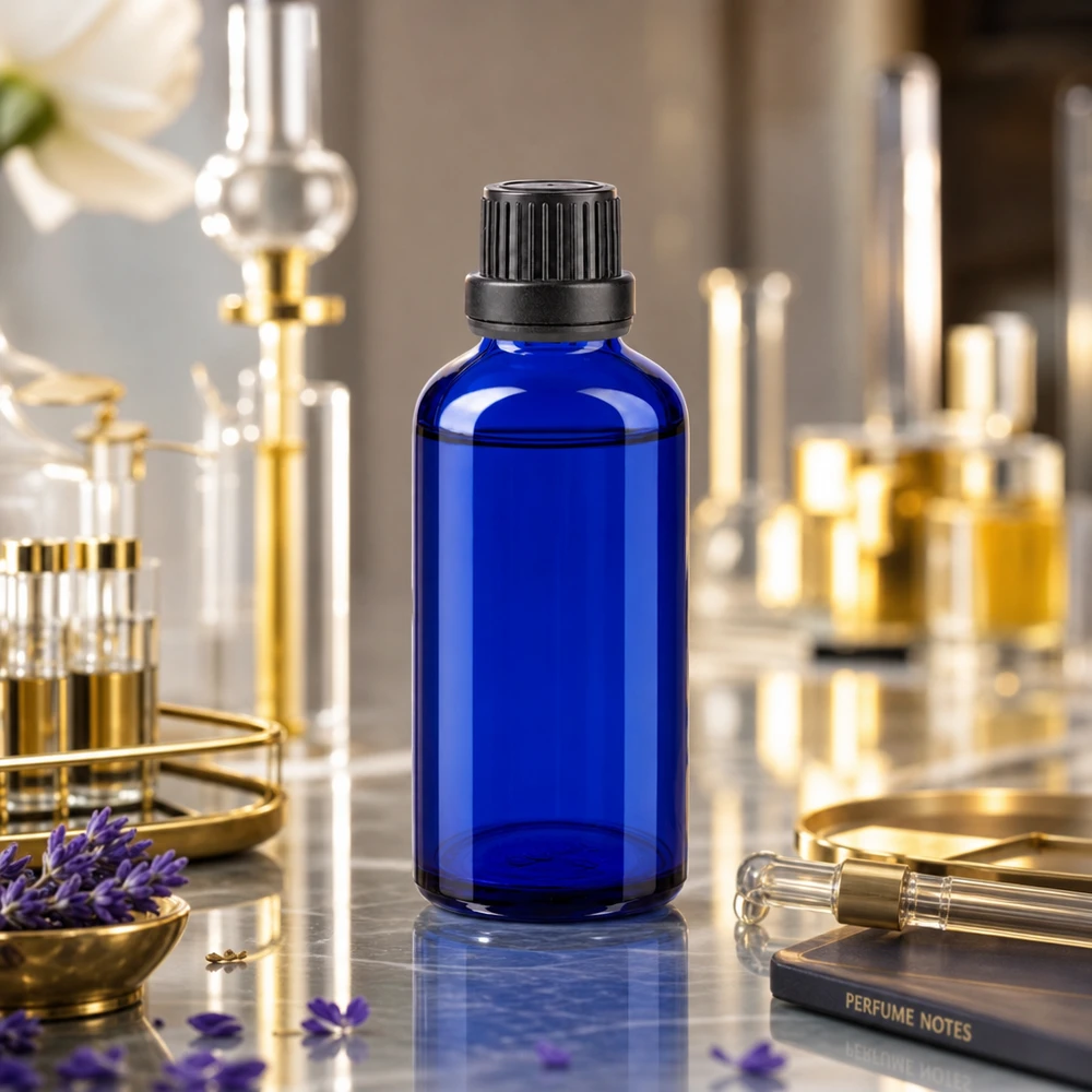 Blauwe glazen flessen 50ml met zwart druppelsluiting 2mm VR Apothekersflesje van 50 ml in koningsblauw met kindveilige verzegeling voor de productie van parfum