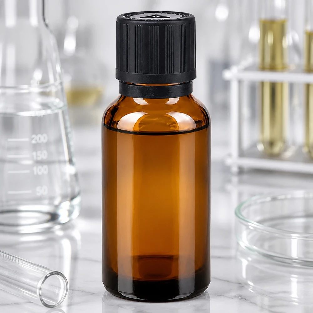 Medische druppelfles van 20 ml, vervaardigd uit UV-werend bruin glas met een zwarte originele dop