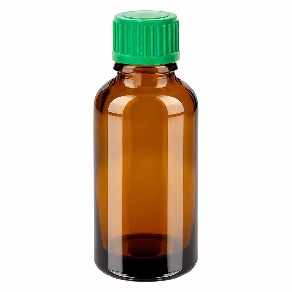 Compact 30ml glazen flesje bruin met groen deksel voor tincturen