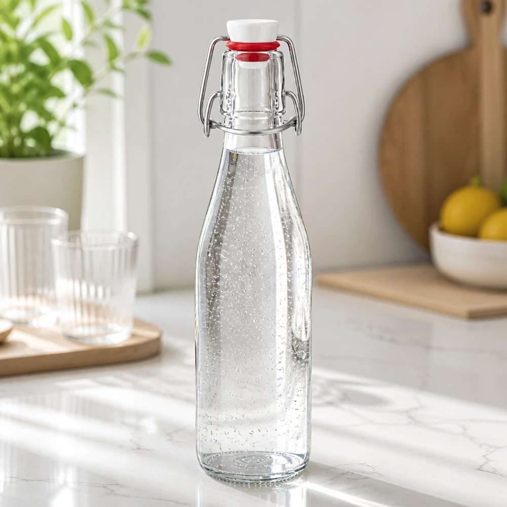 Glazen fles 250 ml + draaidop PVC UNiTWIST 250ml glazen fles met draaidop gevuld met mineraalwater, modern marmeren keukenblad met glazen