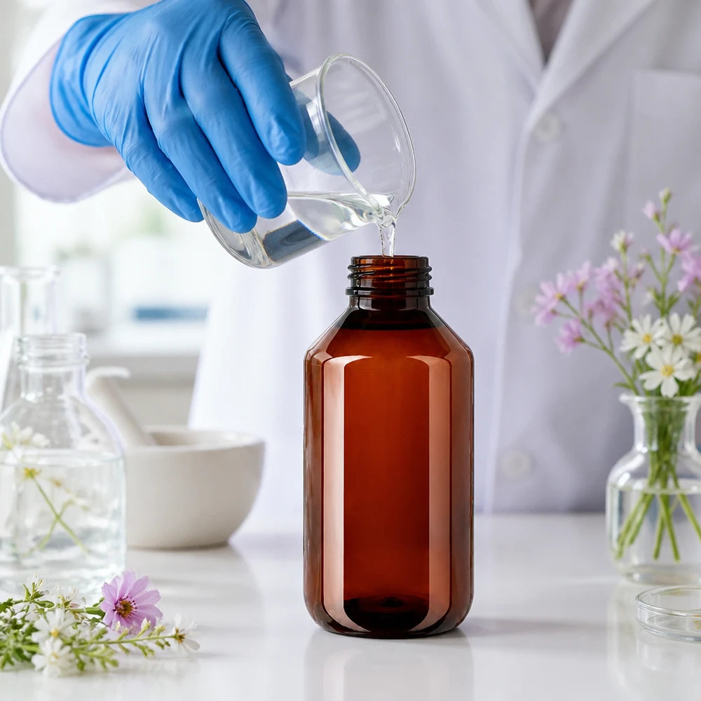 50 ml PET medicijnfles met verstuiver zwart GCMI 28/410 incl. dop transparant, standaard Bruine PET-fles van 100 ml, apothekersformaat, met blauwe veiligheidsdop en smalle hals