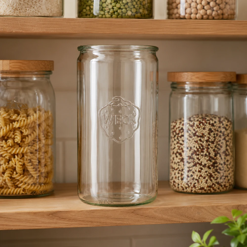 WECK 1590ml voorraadpot RR100 leeg in keuken tussen gevulde voorraadpotten met pasta en ontbijtgranen op houten plank