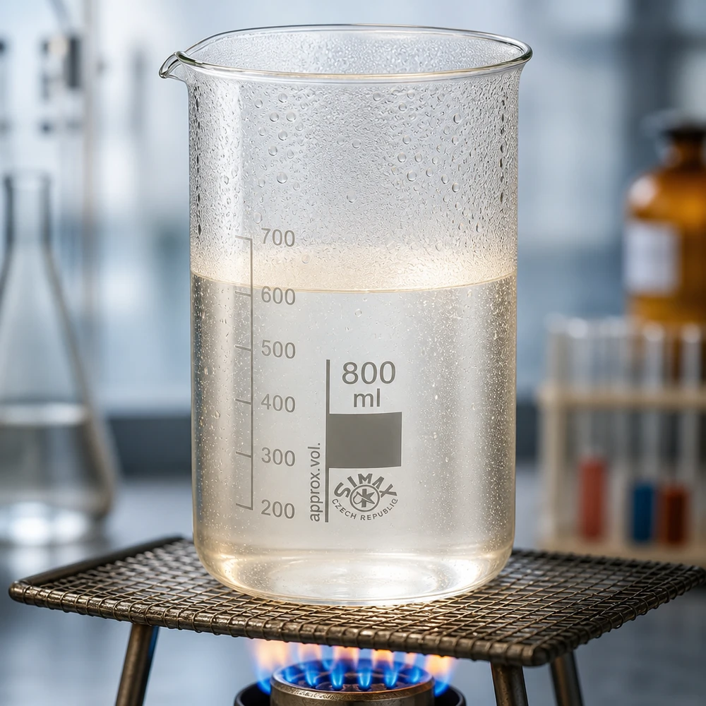 Hoog bekerglas van 800 ml met een witachtige troebelheid aan het vloeistofoppervlak bij verhitting
