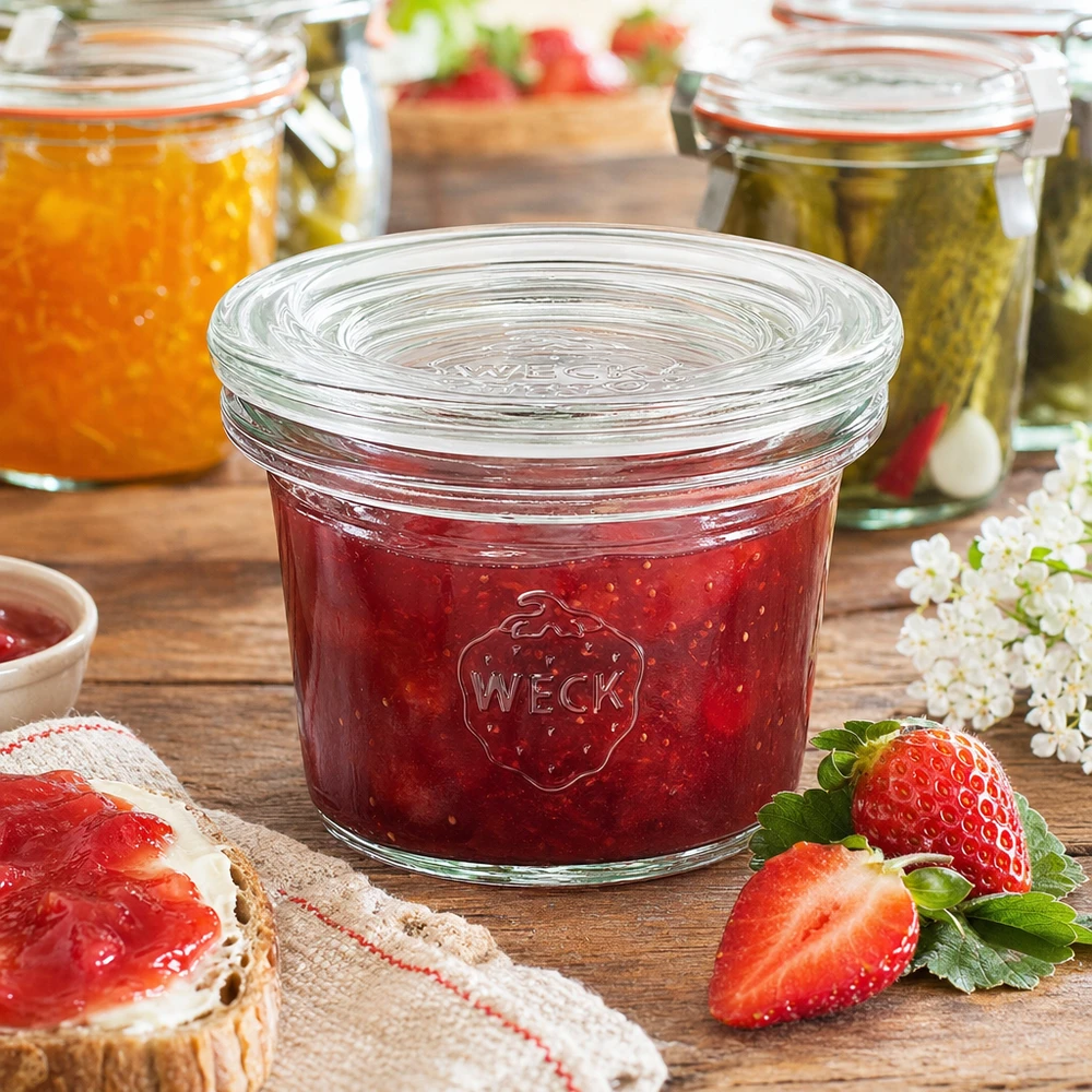 WECK 35ml RR40 potje gevuld met rode aardbeienjam naast verse aardbeien en jambrood