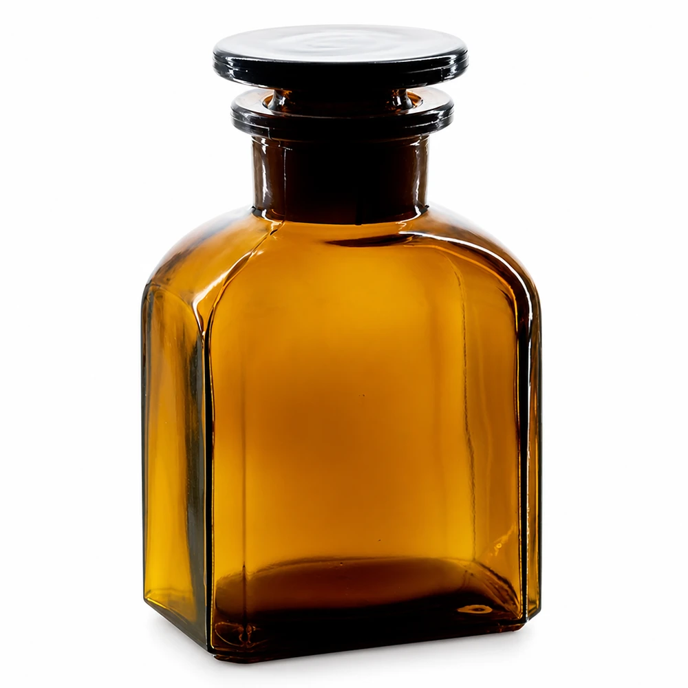 Vierkante apothekersfles van 150 ml, bruin, met brede hals en bijpassende glazen stop