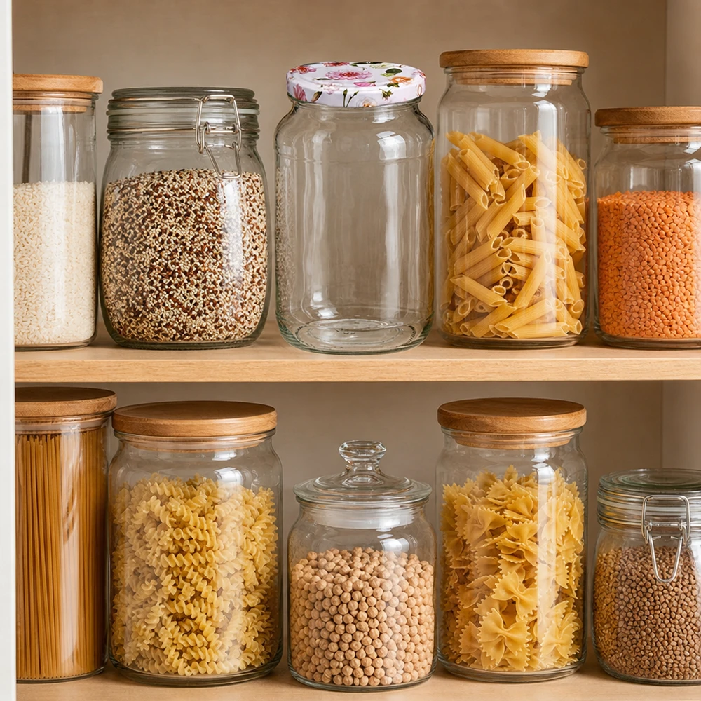 Georganiseerde opslag keuken met 1062ml ronde potten pasta peulvruchten granen roze bloem deksels BasicSeal opslag