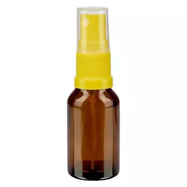 Bruin glazen flessen 30ml met geel pompverstuiver Bruin glazen flessen 30ml met geel pompverstuiver