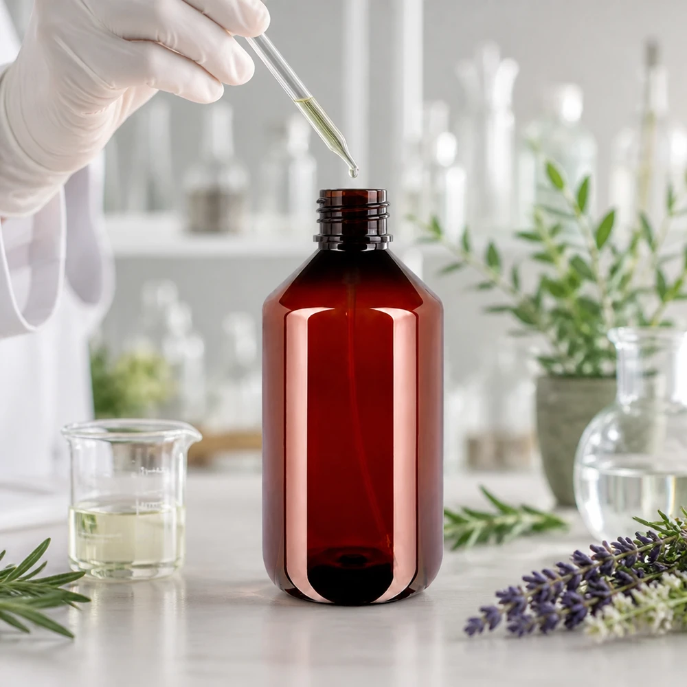 Leere 500ml PET Flasche braun mit schwarzem Pumpzerstäuber für Kosmetikherstellung