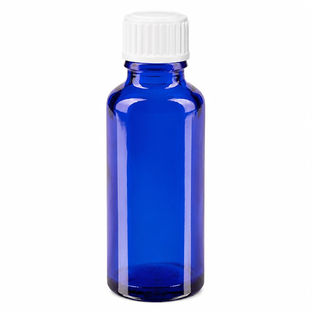 Blauwe farmaceutische glazen fles van 30 ml met een wit druppelinzetstuk van 3 mm voor etherische oliën en tincturen