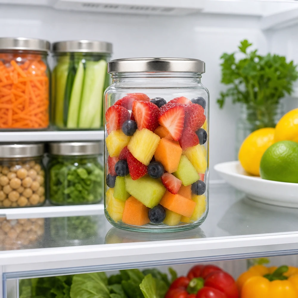 382ml ronde pot met zilveren deksel gevuld met fruitsalade in de koelkast Food Prep Maaltijdvoorbereiding voorraadpot